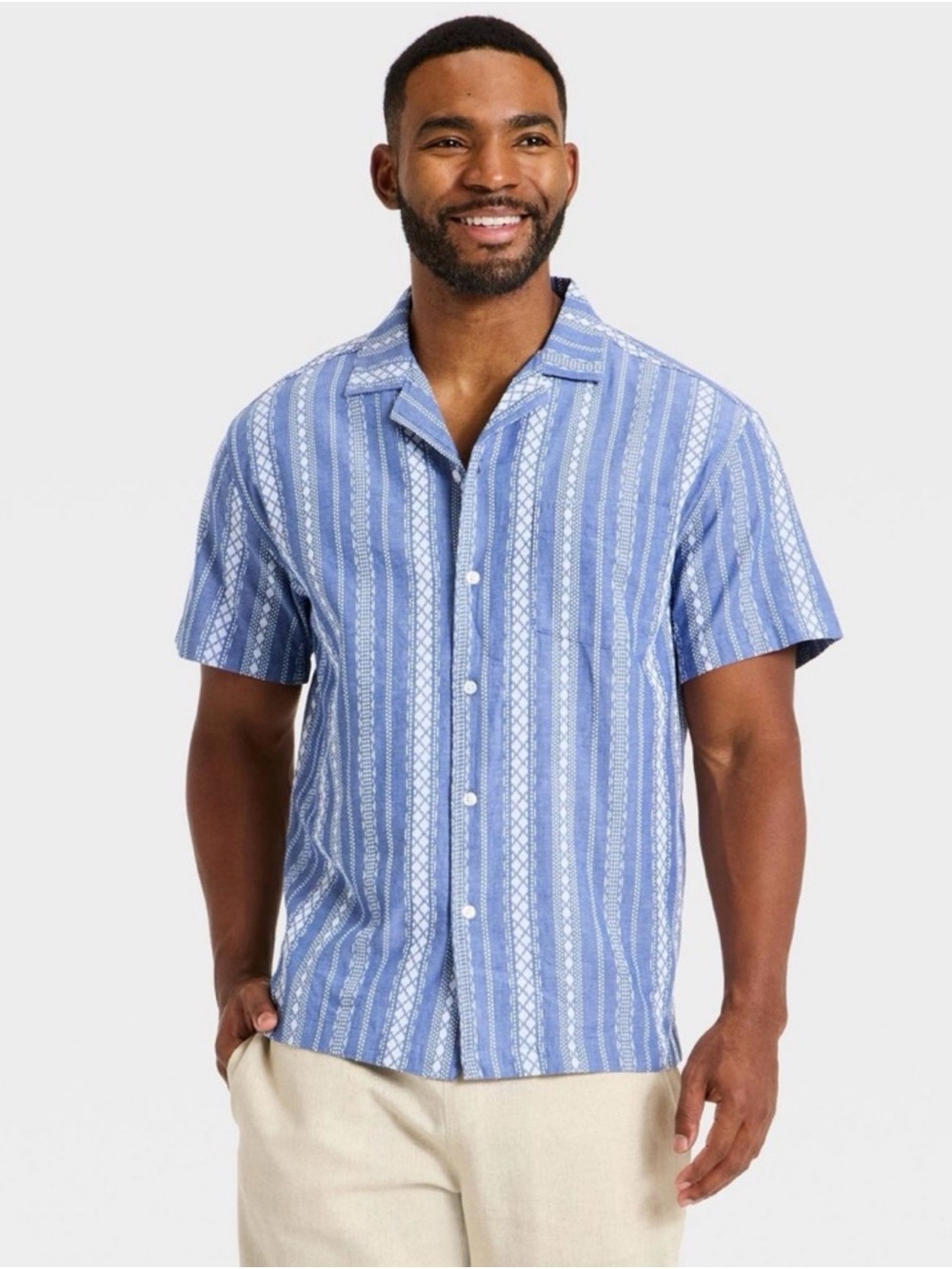 Goodfellow & Co Men’s Short Sleeve Novelty Camp Shirt NWT Blue Stripe